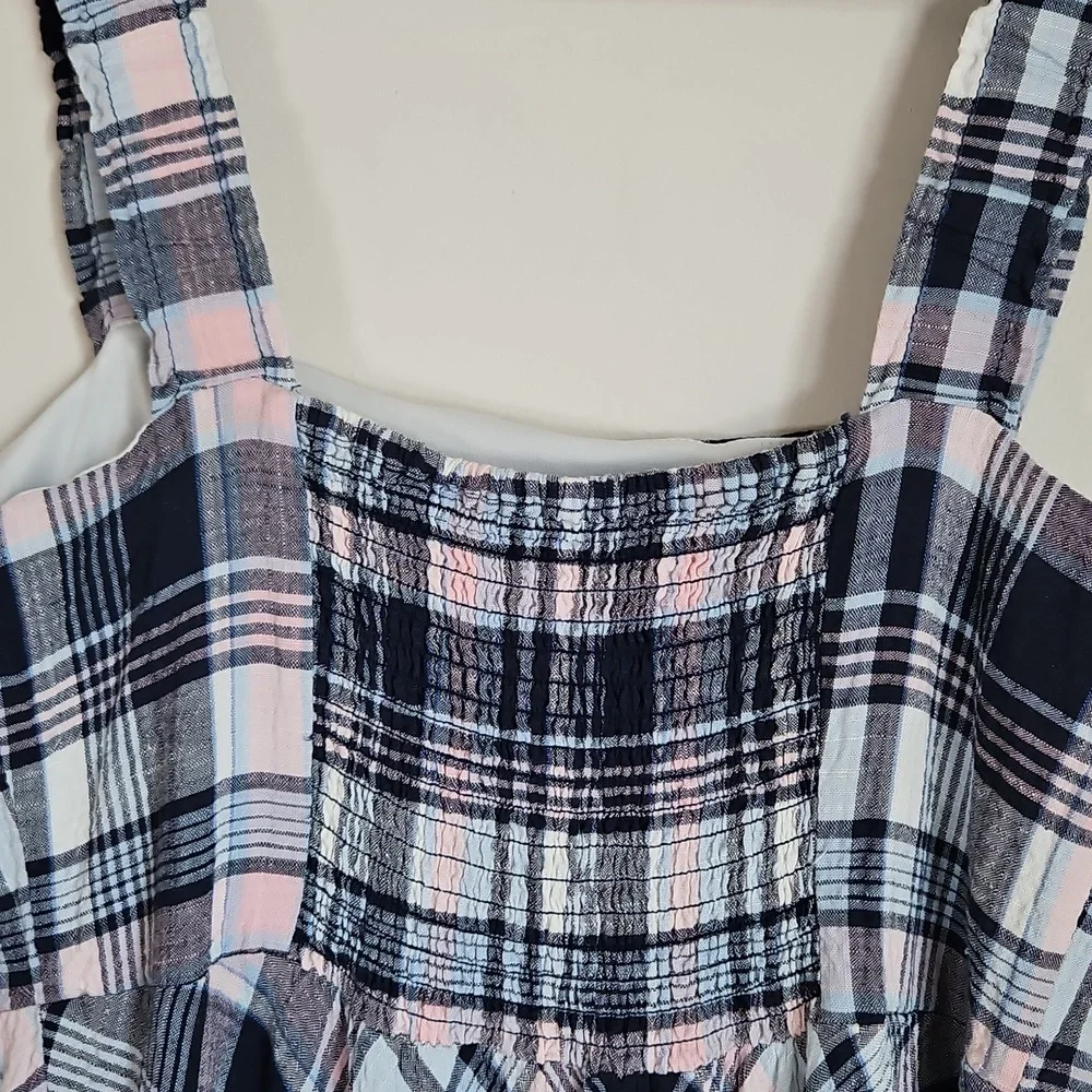 52seven SZ16 Linen Blend Maxi Dress Plaid Smocked Ruffle Tier Cottage Prairie